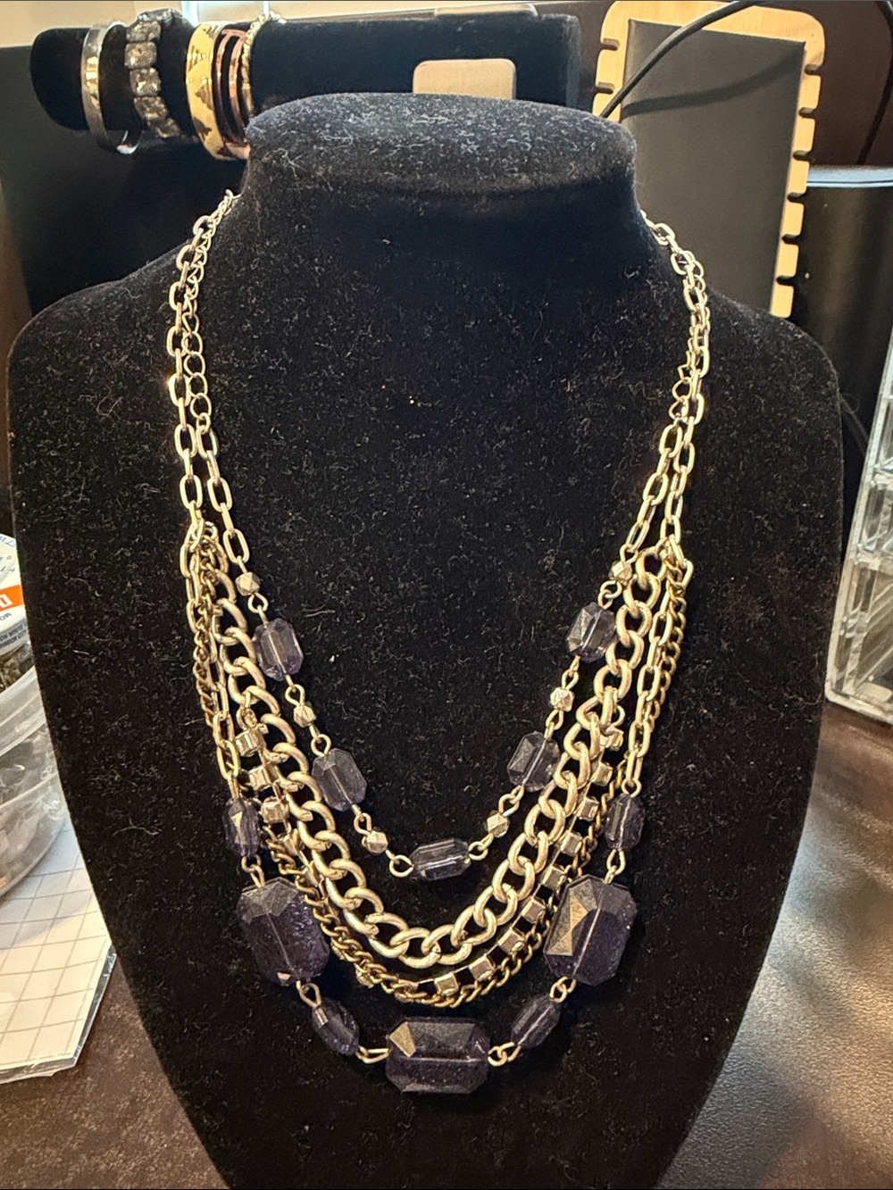 Layered Gold/Silver Chain Necklace with Dark Blue Gemstones